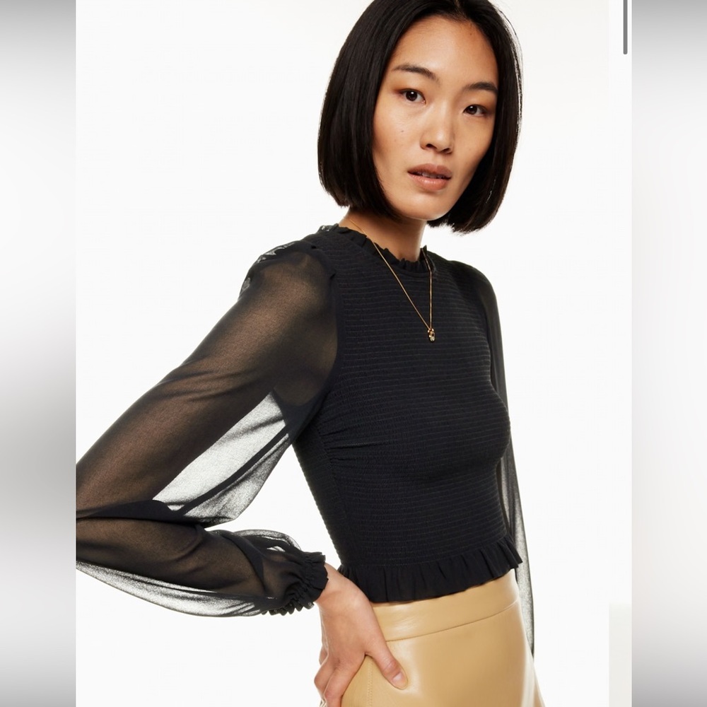 Wilfred Tempest Black Blouse with Sheer Puff Sleeves